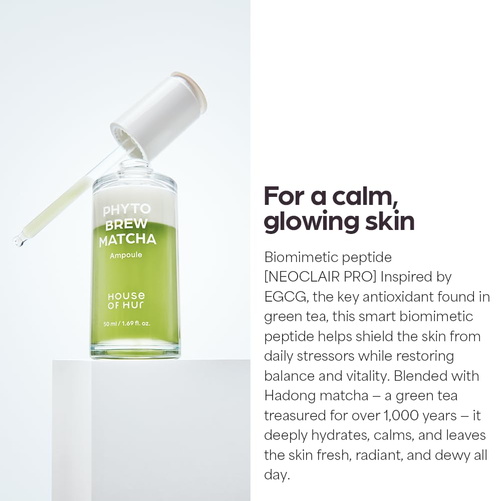 House of Hur Phyto Brew Matcha Ampoule serum drop highlighting soothing application.
