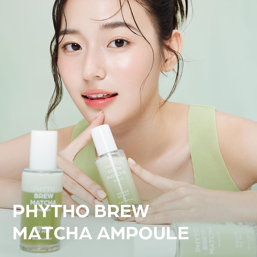 House of Hur Phyto Brew Matcha Ampoule texture close-up reveals dewy, healthy-looking skin.