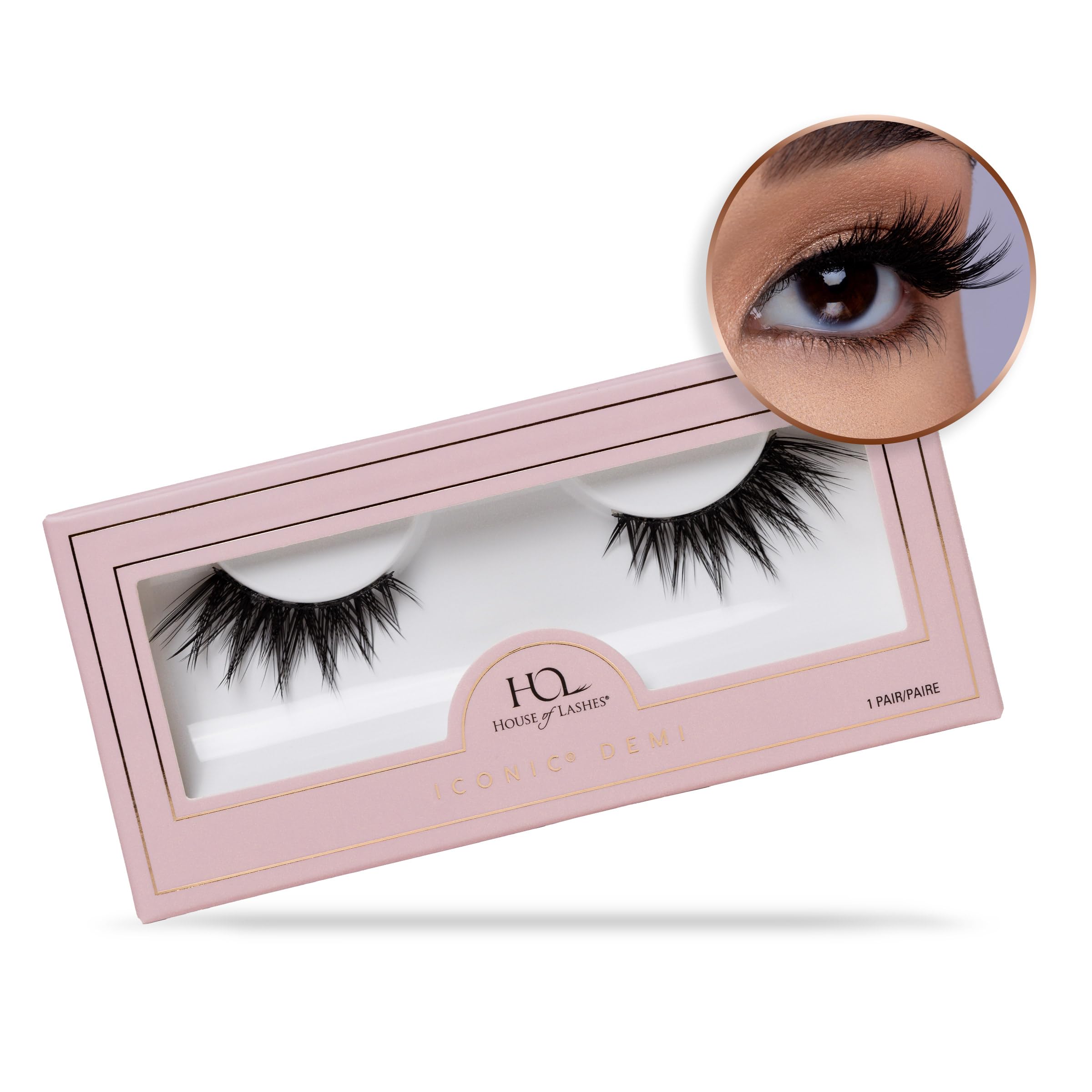 House of Lashes Iconic Demi close-up shows bold voluminous flare for dramatic eyes.