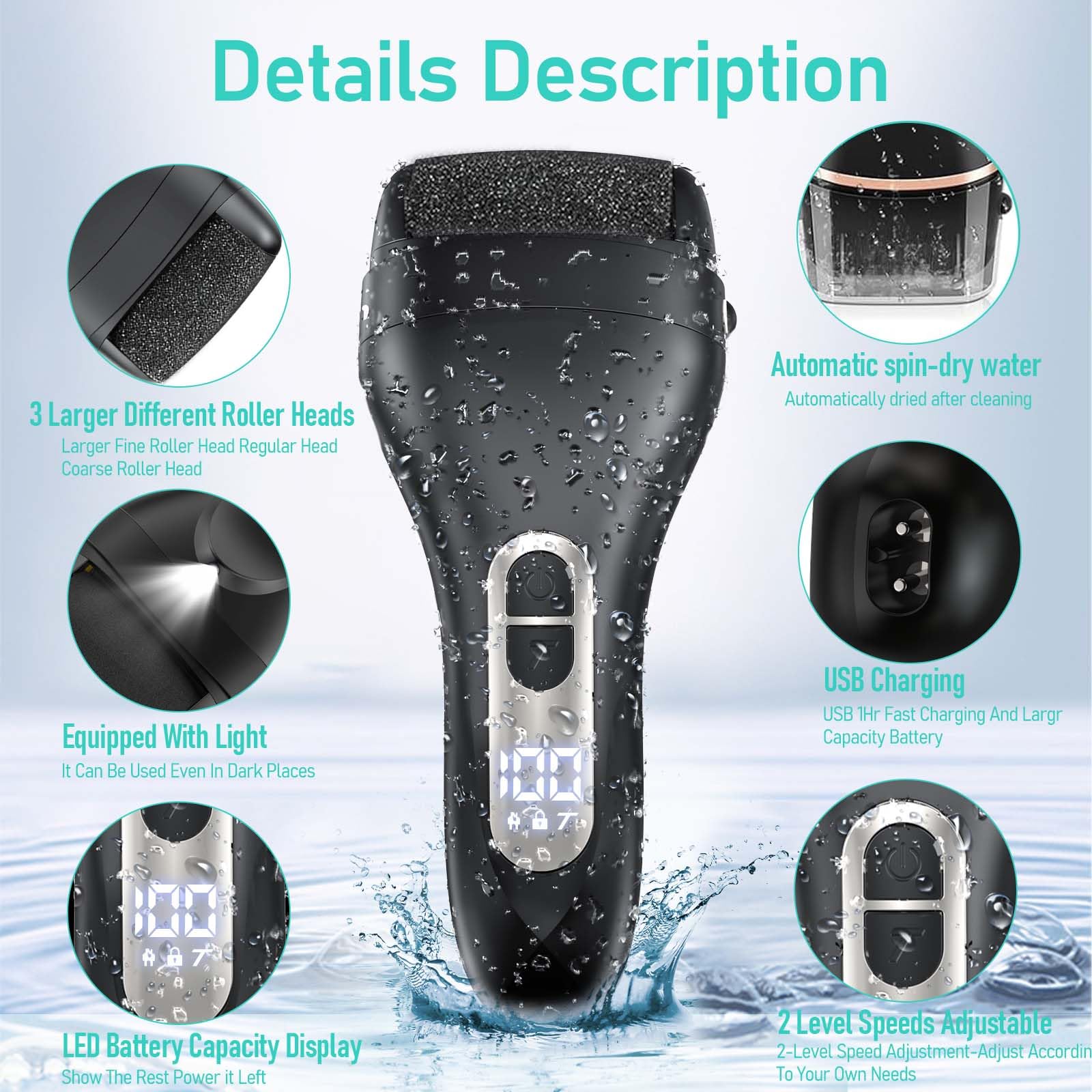Hoxida IPX7 waterproof foot file for wet or dry use