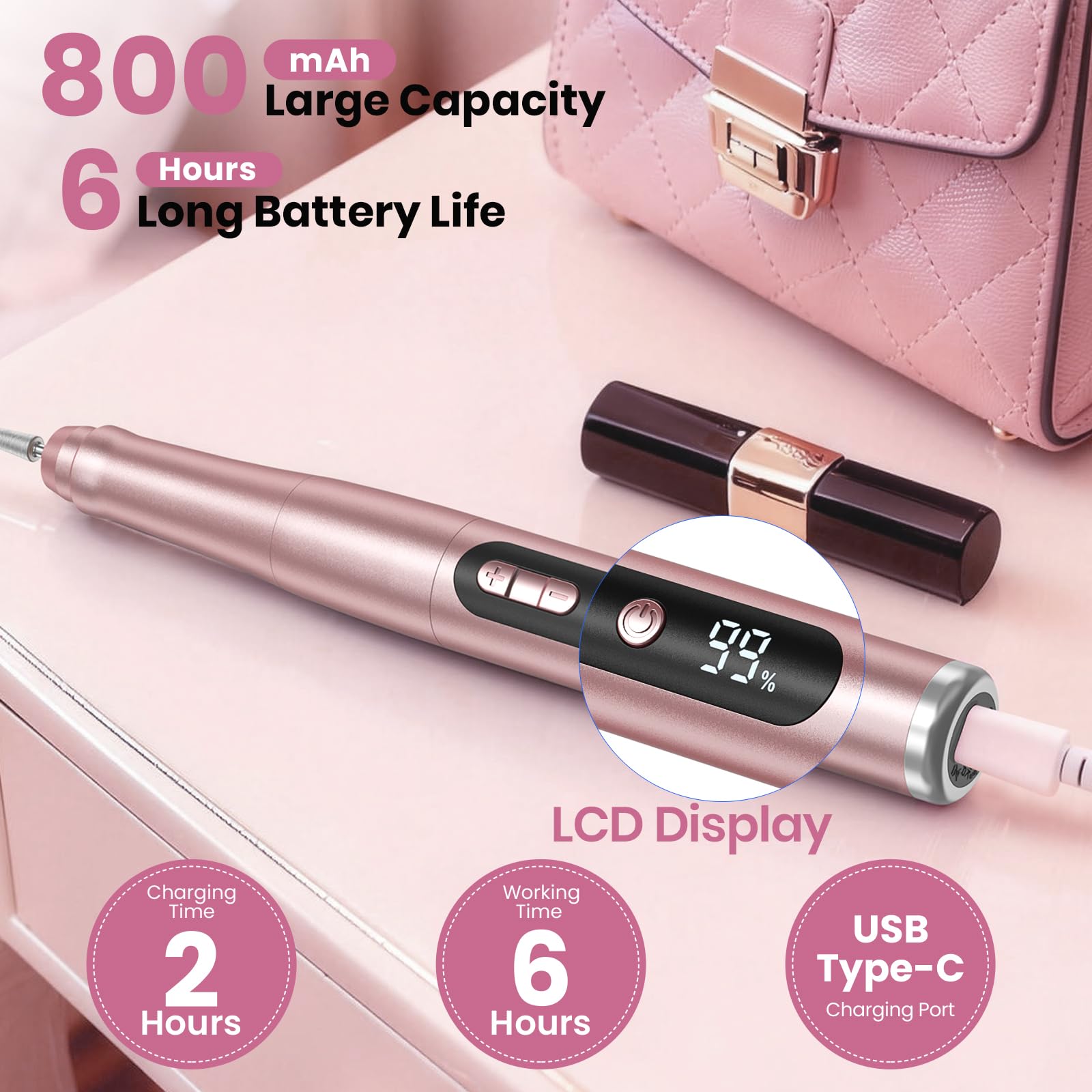 Hoxida nail drill Type-C charging cable included for easy recharging.