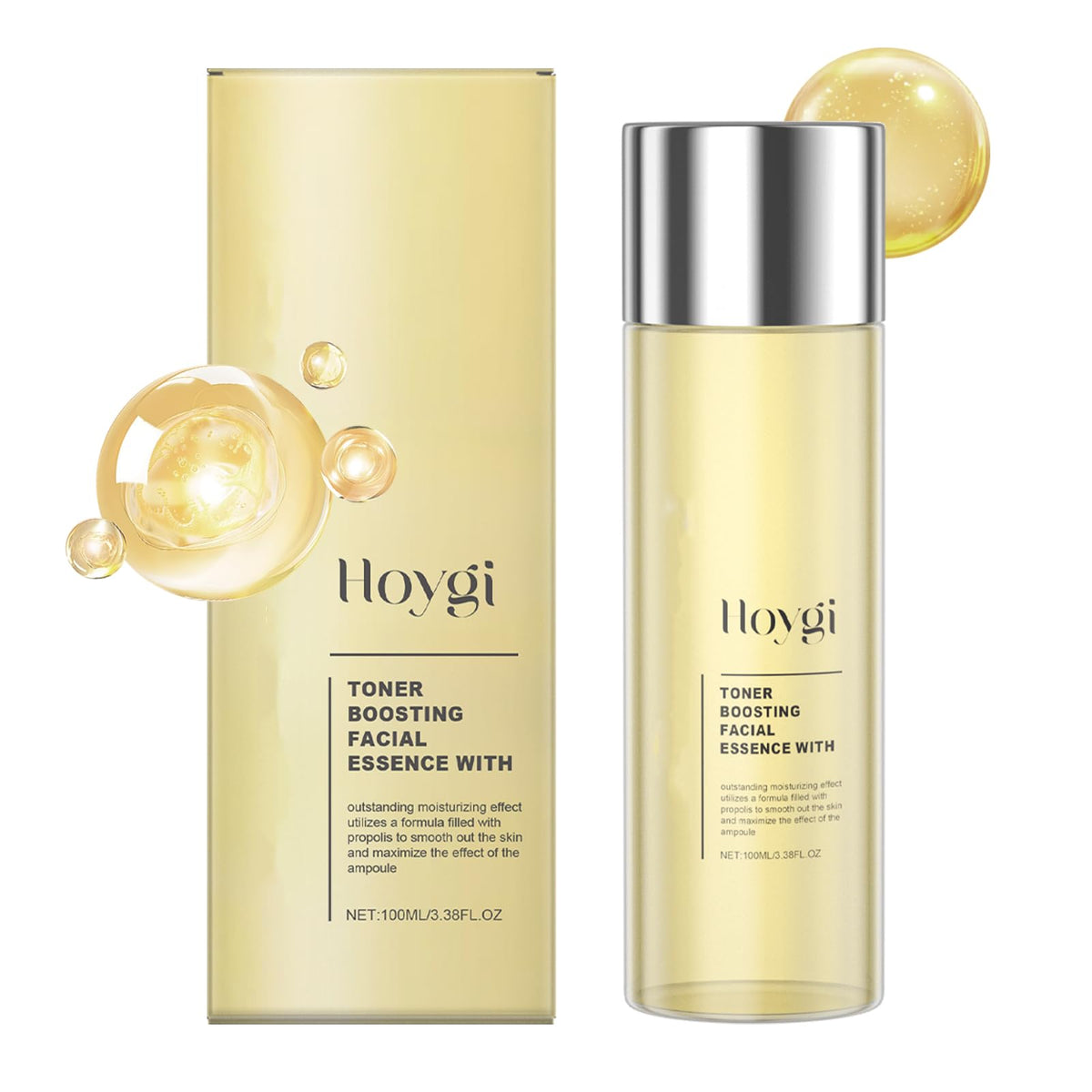 HOYGI Propolis Toner bottle close-up showing hydration for all skin types.