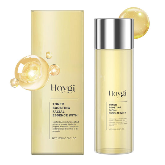 HOYGI Propolis Toner bottle close-up showing hydration for all skin types.