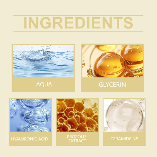 HOYGI Propolis Toner dispense shot demonstrates quick absorption and non-sticky feel.