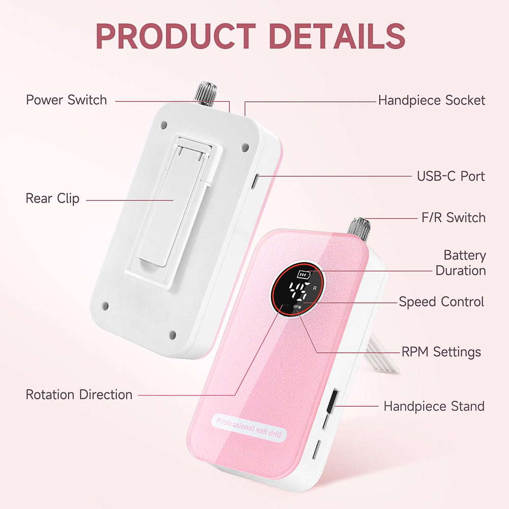 HQMPHQ lightweight aluminum nail drill with belt clip enables portable use anywhere.