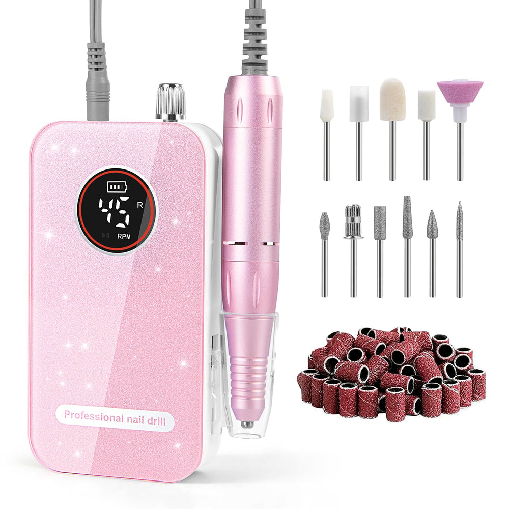 HQMPHQ nail drill with 45,000 RPM pink finish for fast shaping at home.