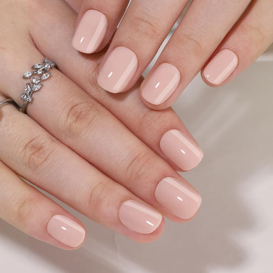 Hrnsnails Nude Press On Nails in short square shape with glossy finish for instant salon-like nails.