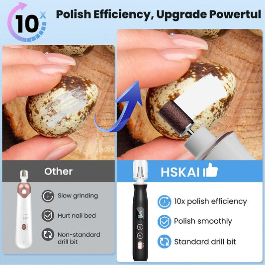 HSKAI electric nail file LED light illuminates nails for precise shaping.
