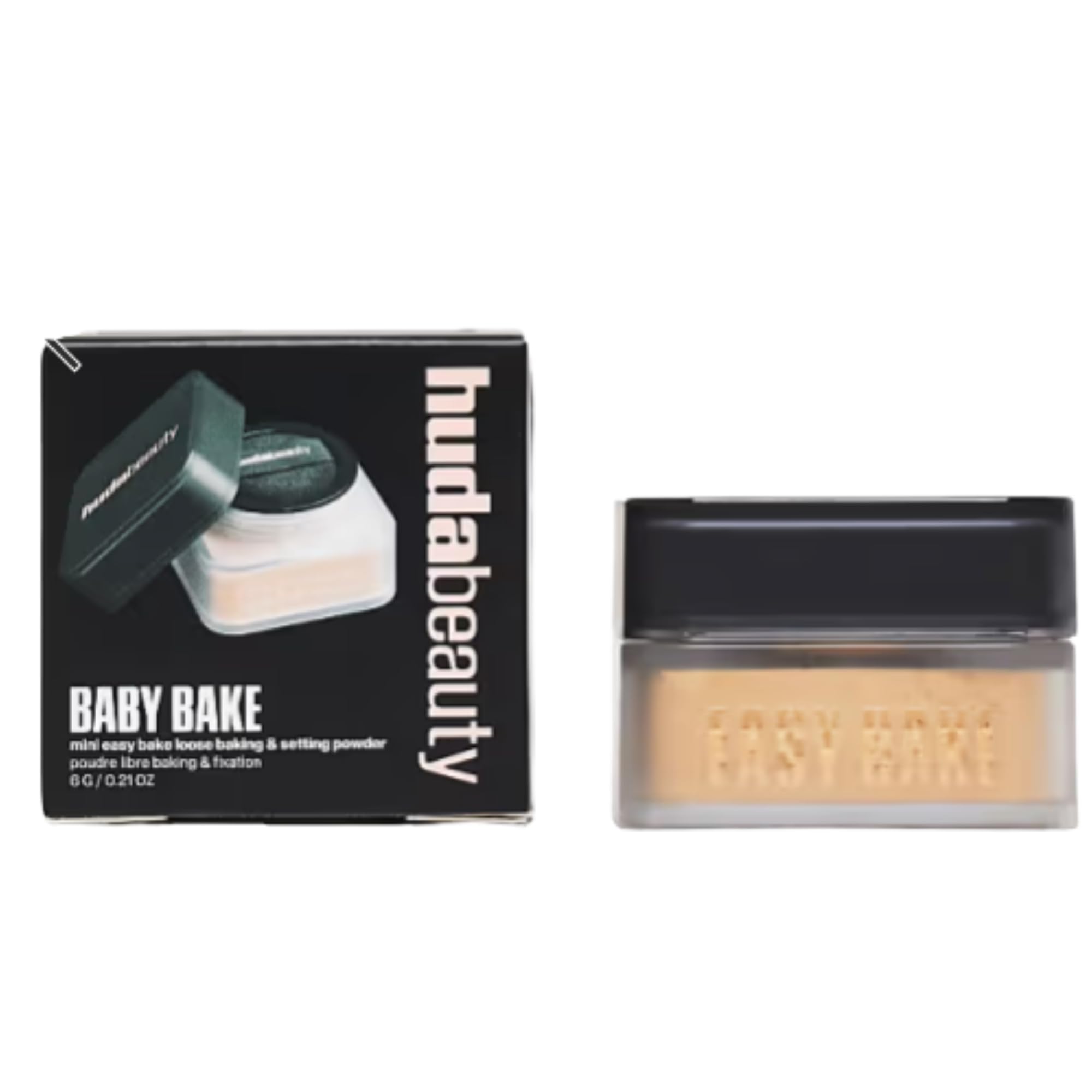 Huda Baby Bake Kunafa powder packaging in a compact jar for travel touch-ups.