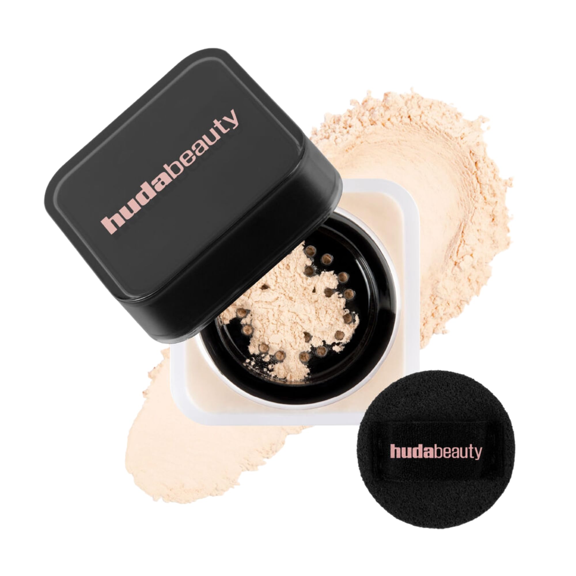 Huda Beauty Baby Bake Mini Pound Cake compact seen up close for fair to tan tones