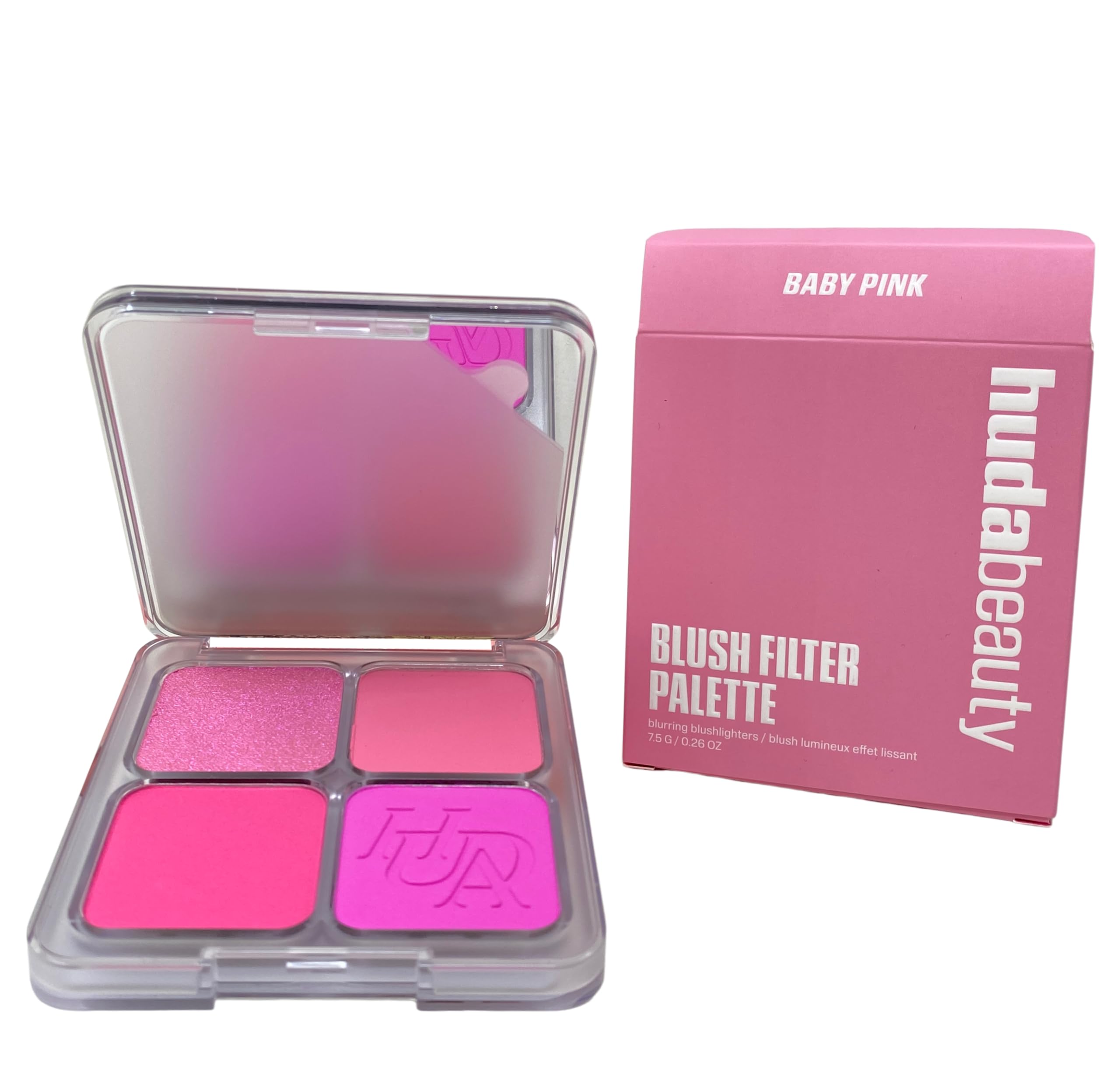 Huda Beauty Blush Filter Blurring Blushlighters Palette Baby Pink close-up shows silky texture for seamless blend.
