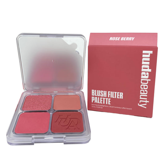 Huda Beauty Blush Filter Rose Berry palette open with swatches for a soft, diffused glow.