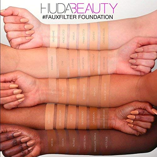 Huda Beauty FauxFilter Luminous Matte Foundation swatches show Panna Cotta shade for natural look