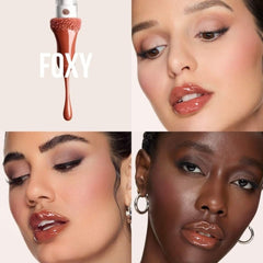 Huda Faux Filler Extra Shine Foxy swatches reveal caramel brown shade and gloss.