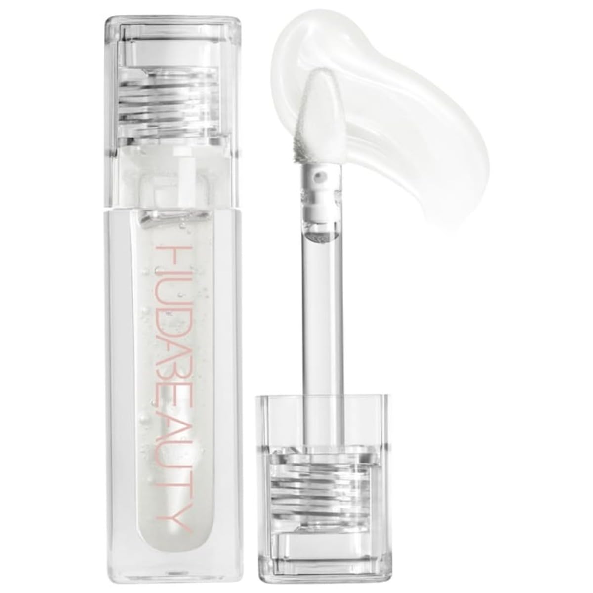 Huda Faux Filler Extra Shine Lip Gloss Glassy bottle with clear finish for radiant shine.