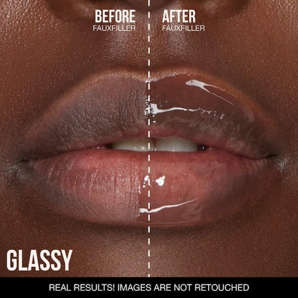 Huda Faux Filler Extra Shine Lip Gloss Glassy on lips provides high-shine, non-tinted glow.