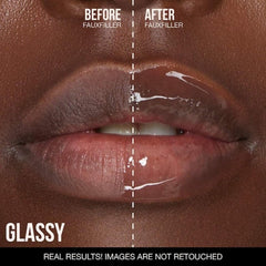 Huda Faux Filler Extra Shine Lip Gloss Glassy on lips provides high-shine, non-tinted glow.