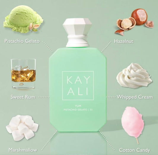 Huda Kayali Yum Pistachio Gelato bottle close-up highlighting premium bottle design