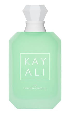 Huda Kayali Yum Pistachio Gelato bottle front showing a rich gourmand scent with lasting quality
