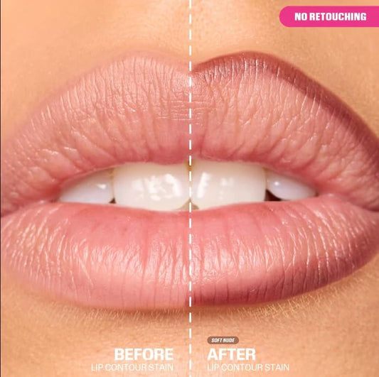 Huda Lip Contour Stain Soft Nude dual ended applicator for precise lining and smooth color.