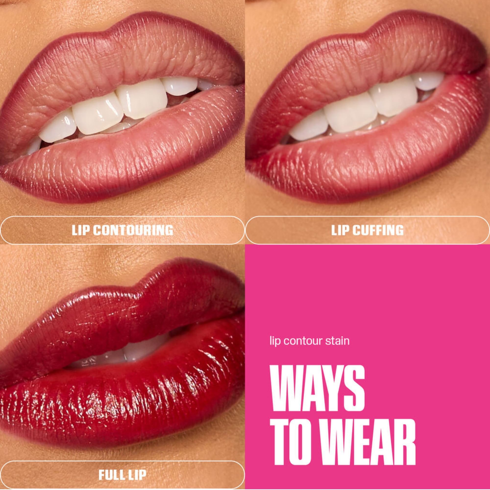 Huda Lip Contour Stain packaging with tip-down storage illustration.
