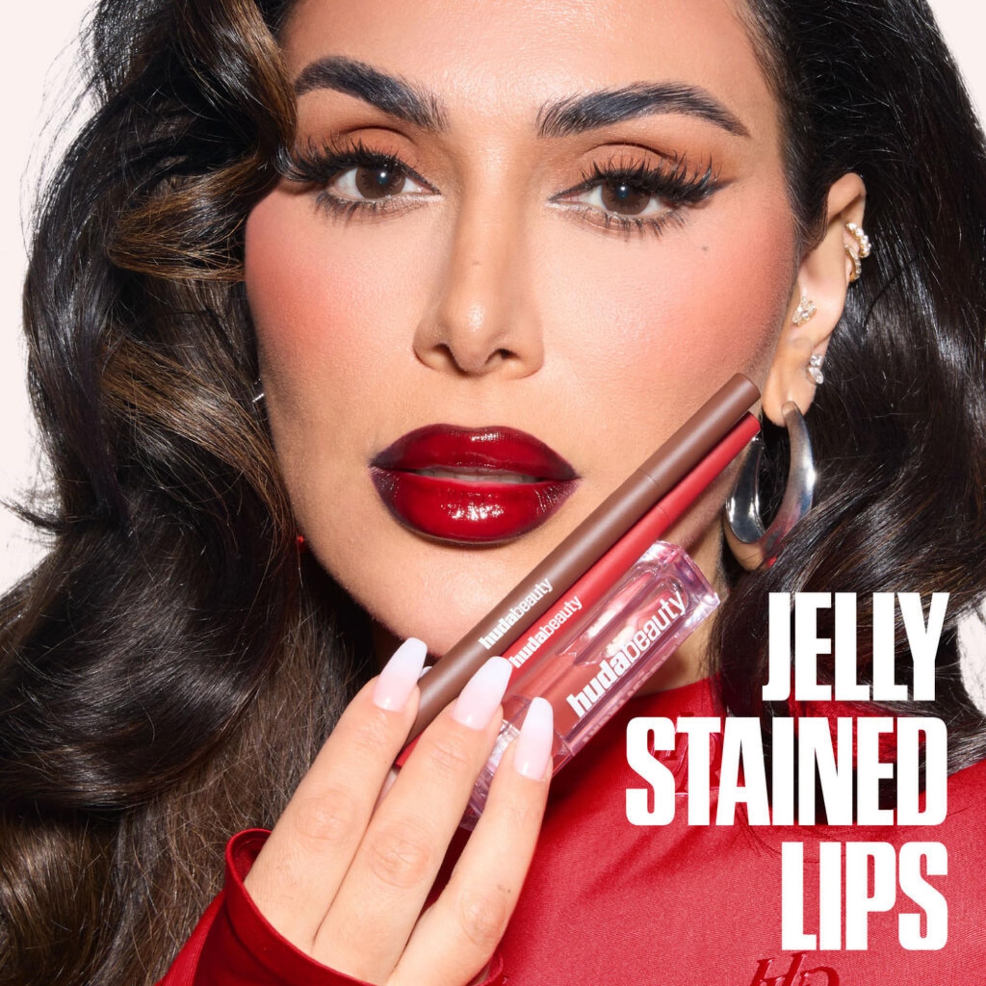 Huda Lip Contour Stain transfer-proof formula shown on lip in close-up.