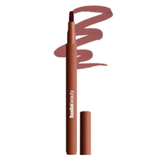Huda Lip Contour Stain Warm Brown tube illustrates natural matte color and precise application.