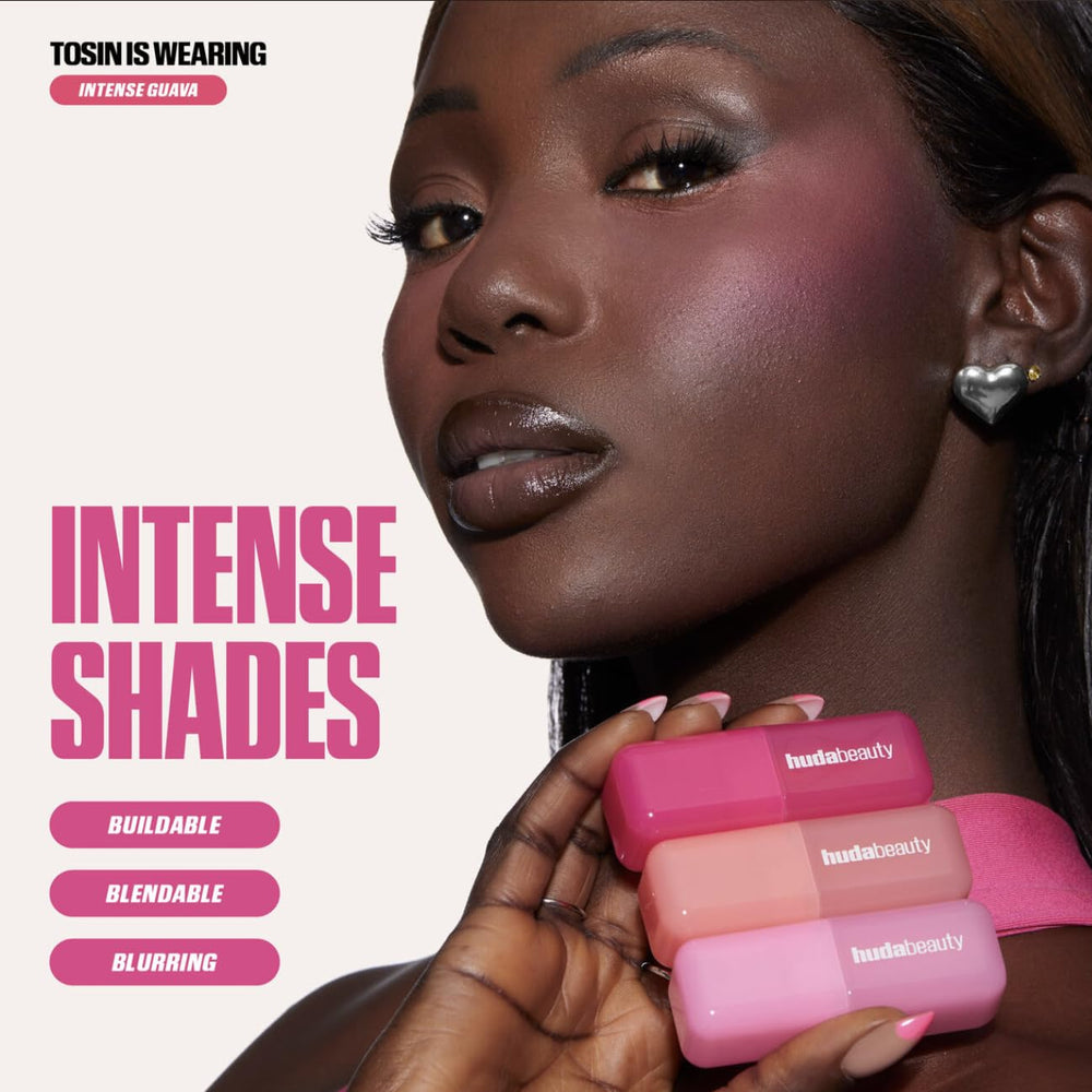 HUDABEAUTY Huda Blush Filter Liquid Blush swatch shows electric guava shade
