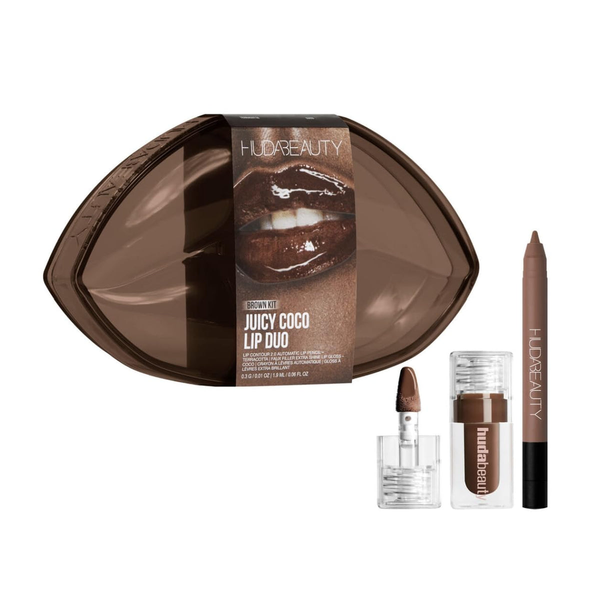 Huda Beauty Juicy Coco Lip Duo packaging for travel-friendly touch-ups.