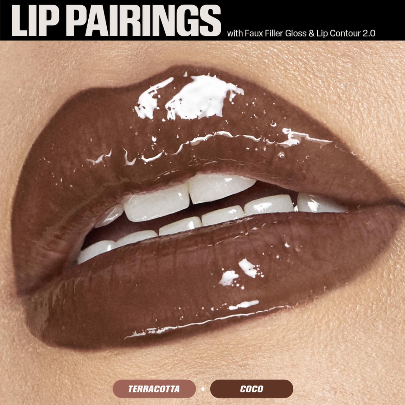 Huda Beauty Juicy Coco lip gloss swatches showing Coco shade and shine.
