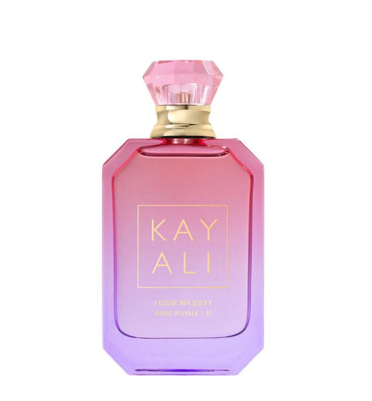 HUDABEAUTY Kayali Fleur Majesty Rose Royale bottle with pink-to-purple gradient, ideal for a luxe vanity display