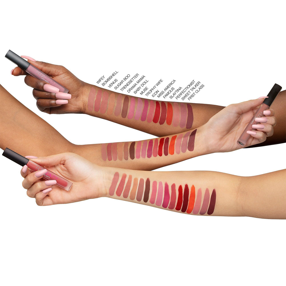 HUDABEAUTY Liquid Matte Perfectionist swatches reveal rich pigment with a smooth, velvety finish