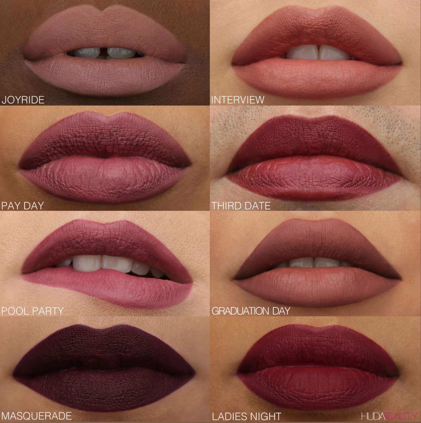 HUDA BEAUTY Power Bullet Matte Lipstick throwback shade range complements multiple skin tones.