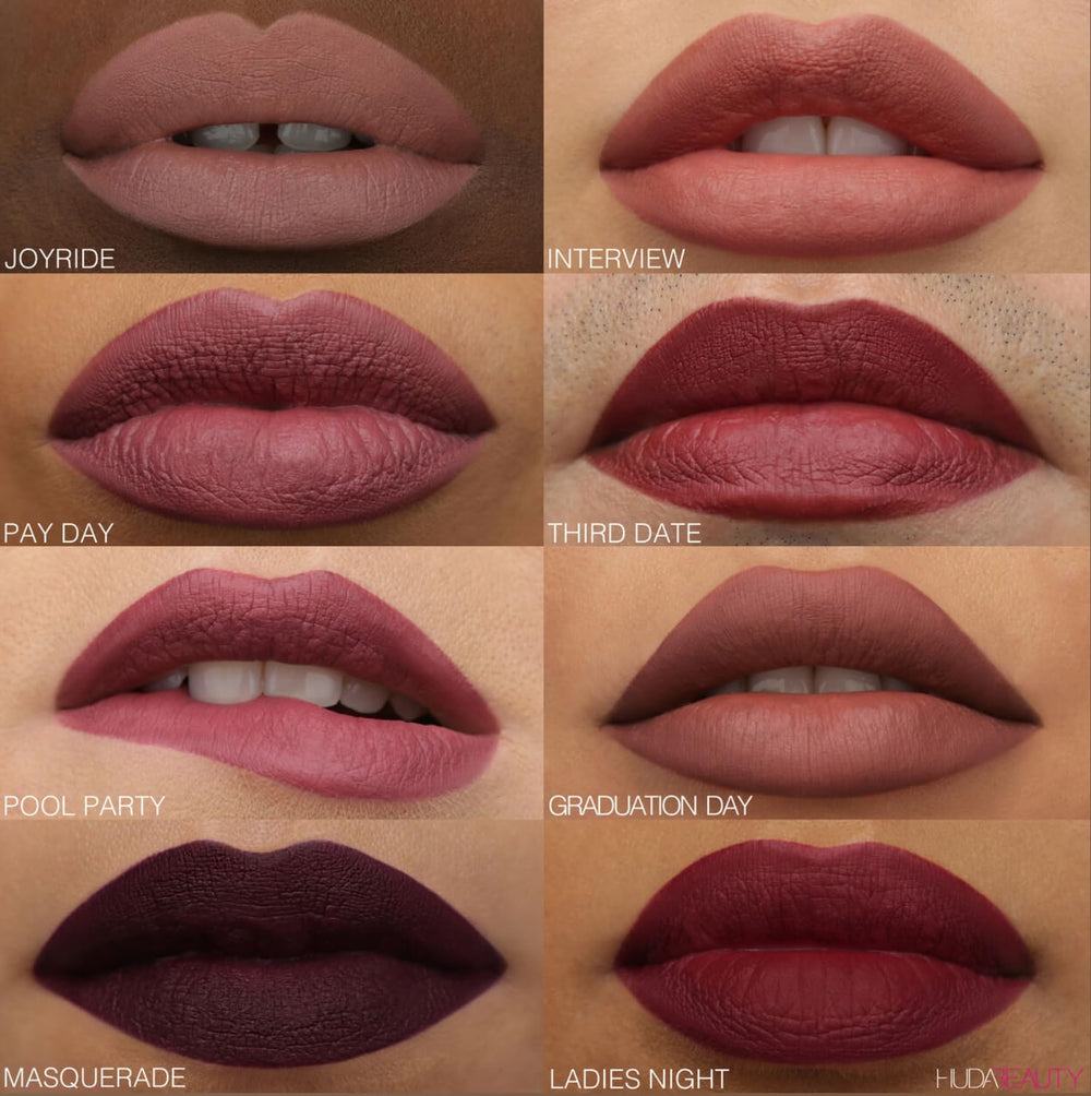 HUDA BEAUTY Power Bullet Matte Lipstick throwback shade range complements multiple skin tones.
