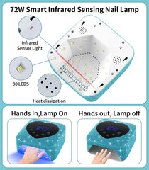 HUGMAPLE UV Nail Lamp 72W with smart display showing timers and battery status.