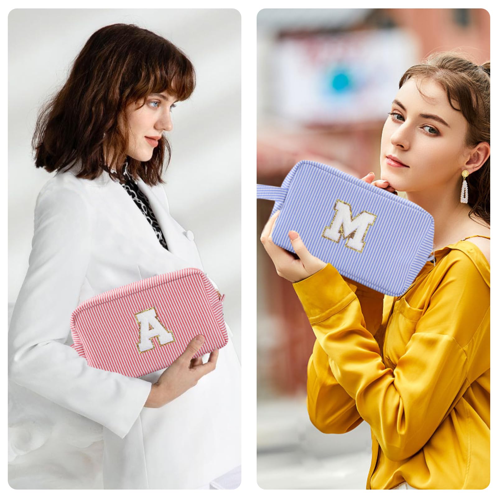 Huifen blue monogram makeup bag with letter patch close-up for personal flair