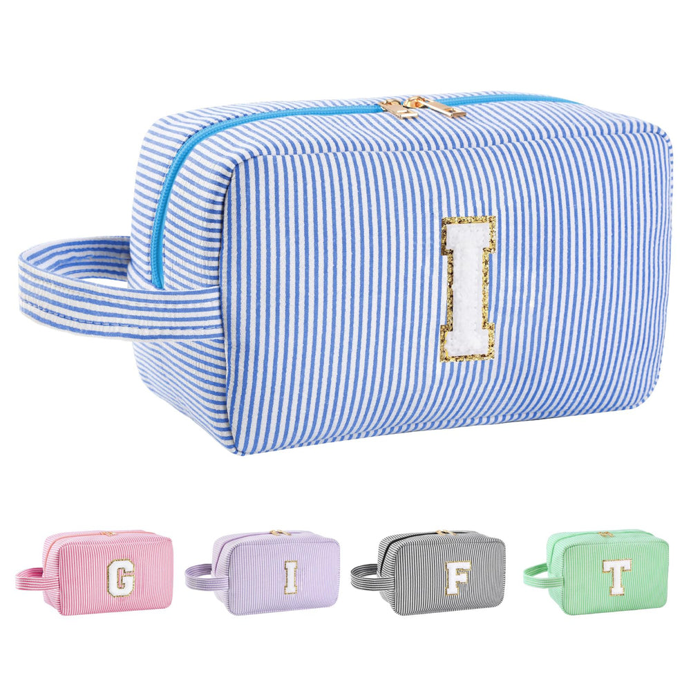 Huifen initial makeup bag with blue stripe design for everyday style.