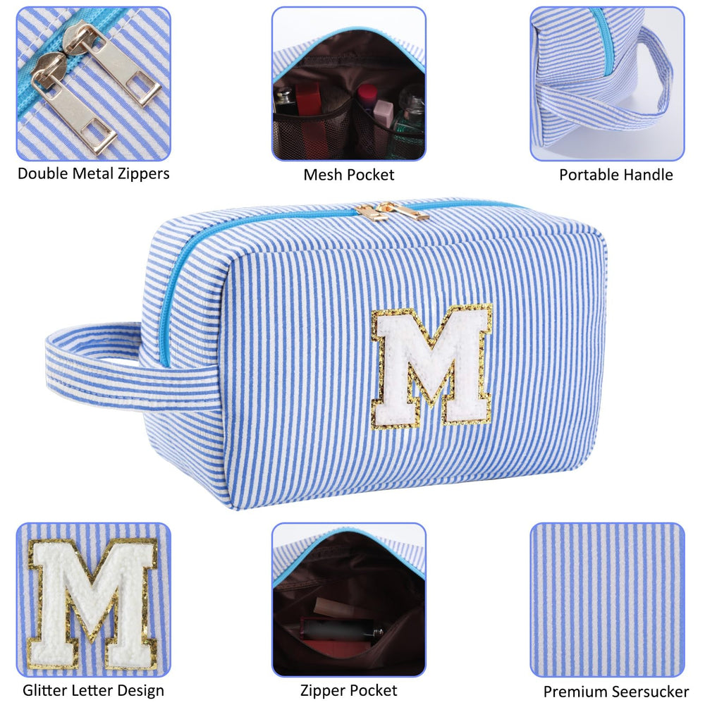 Huifen seersucker blue durable makeup bag highlighting material and lightweight design