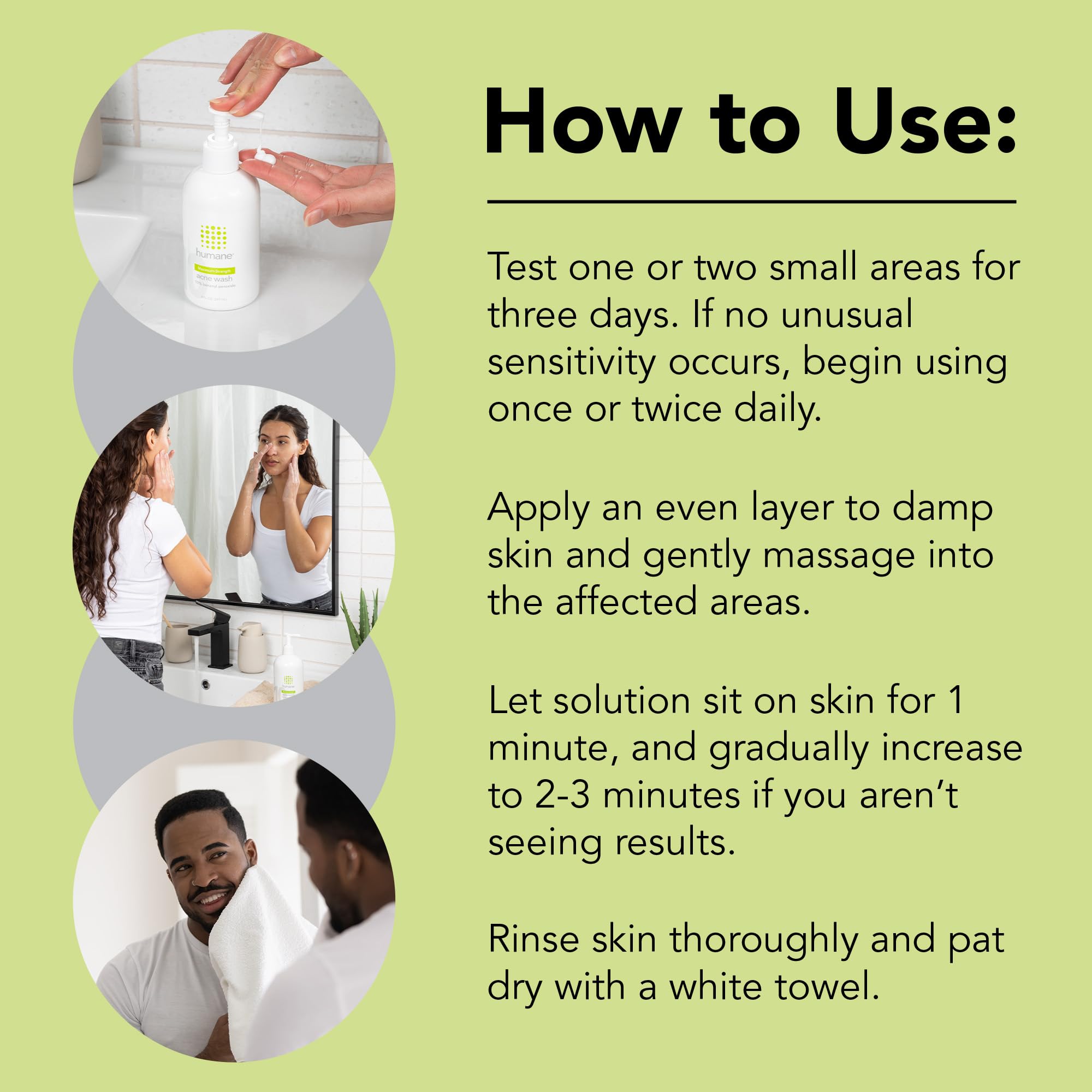 Hands applying Humane Acne Wash to damp facial and body skin.