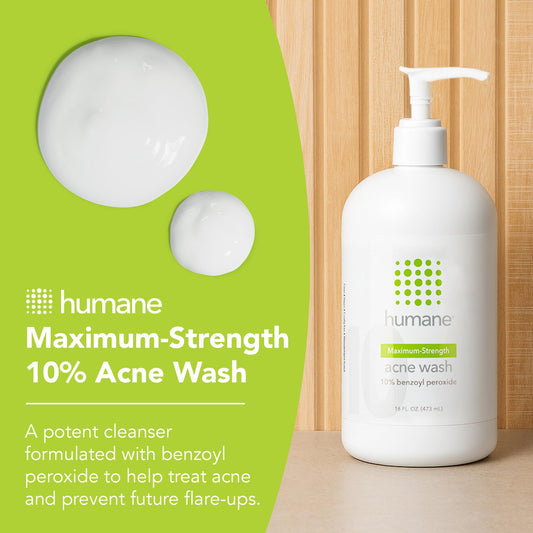 Humane acne wash back label showing directions for face and body use.