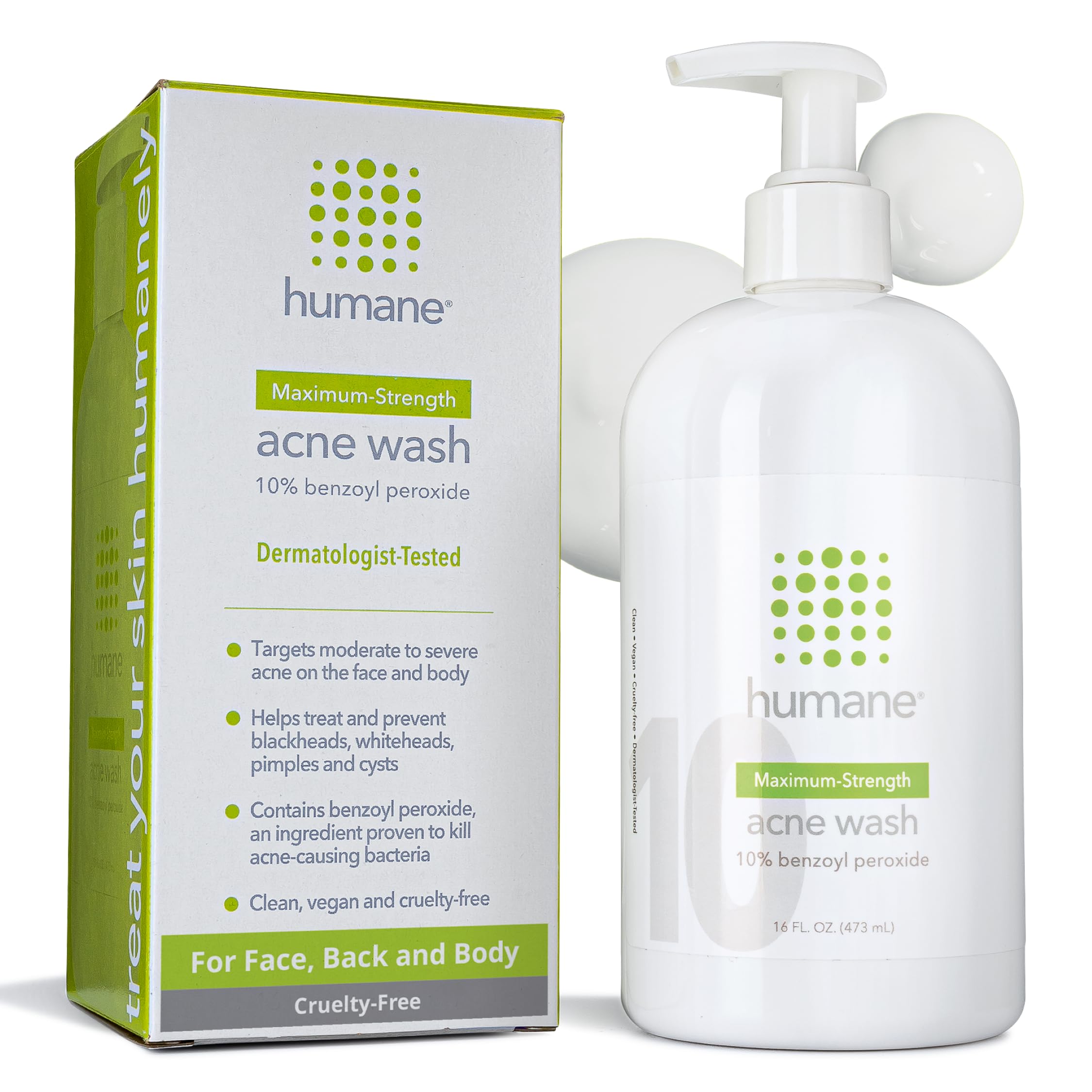 Humane 10% benzoyl peroxide acne wash bottle front for multi-area cleansing.