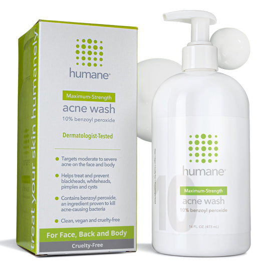 Humane 10% benzoyl peroxide acne wash bottle front for multi-area cleansing.