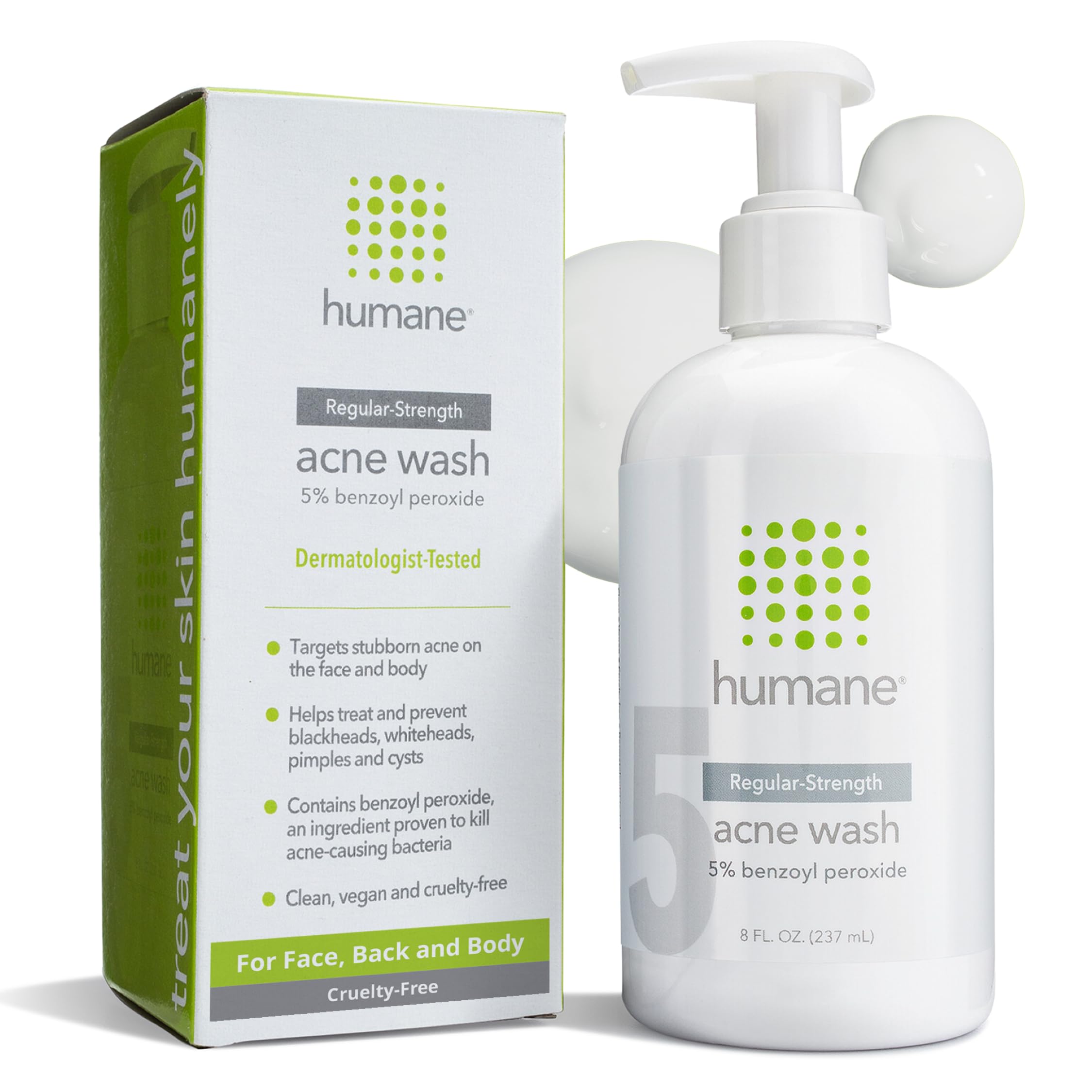 Humane 5% benzoyl peroxide face wash bottle highlights acne-prone skin benefits.