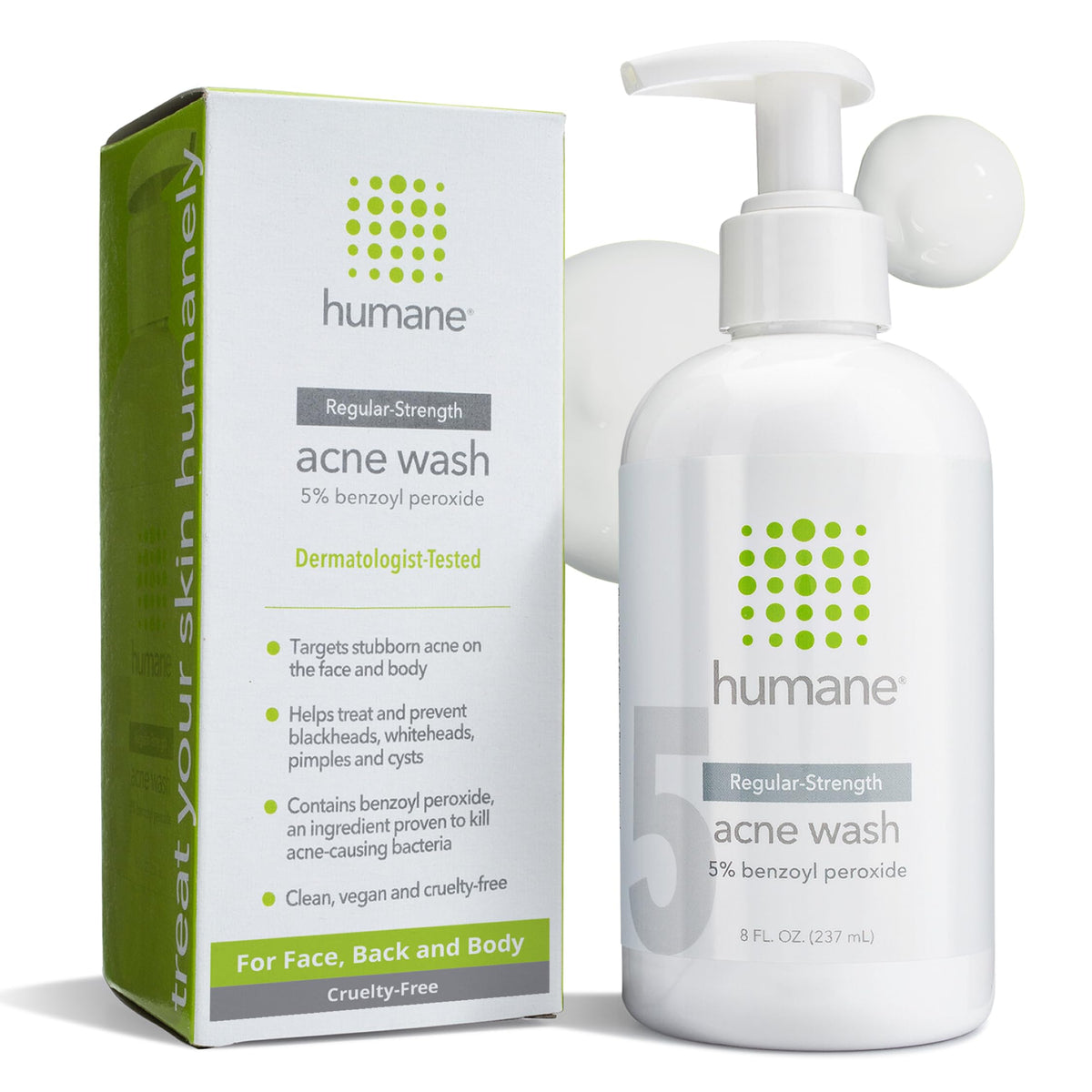 Humane 5% benzoyl peroxide face wash bottle highlights acne-prone skin benefits.