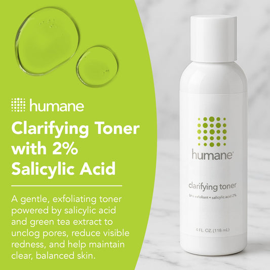 Applying Humane Clarifying Toner to the cheek for gentle, even-toned skin.