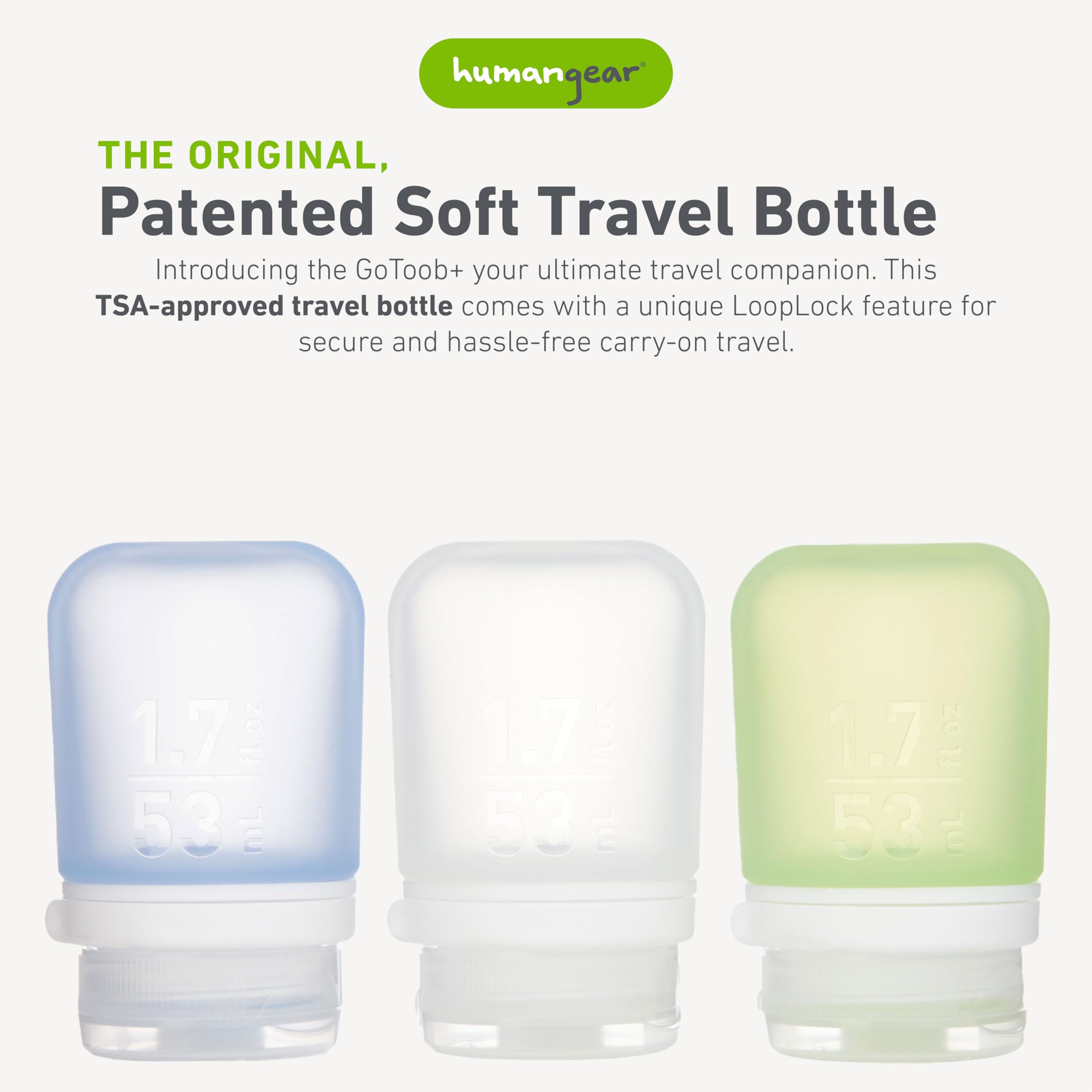 GoToob+ contoured tube stands for easy filling and cleaning.