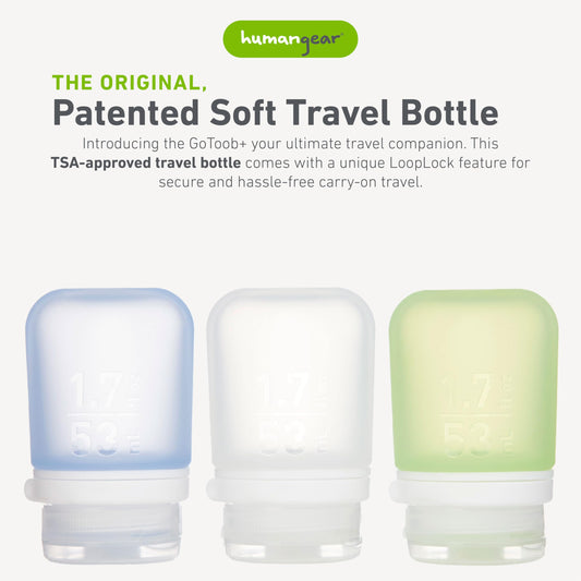 GoToob+ contoured tube stands for easy filling and cleaning.