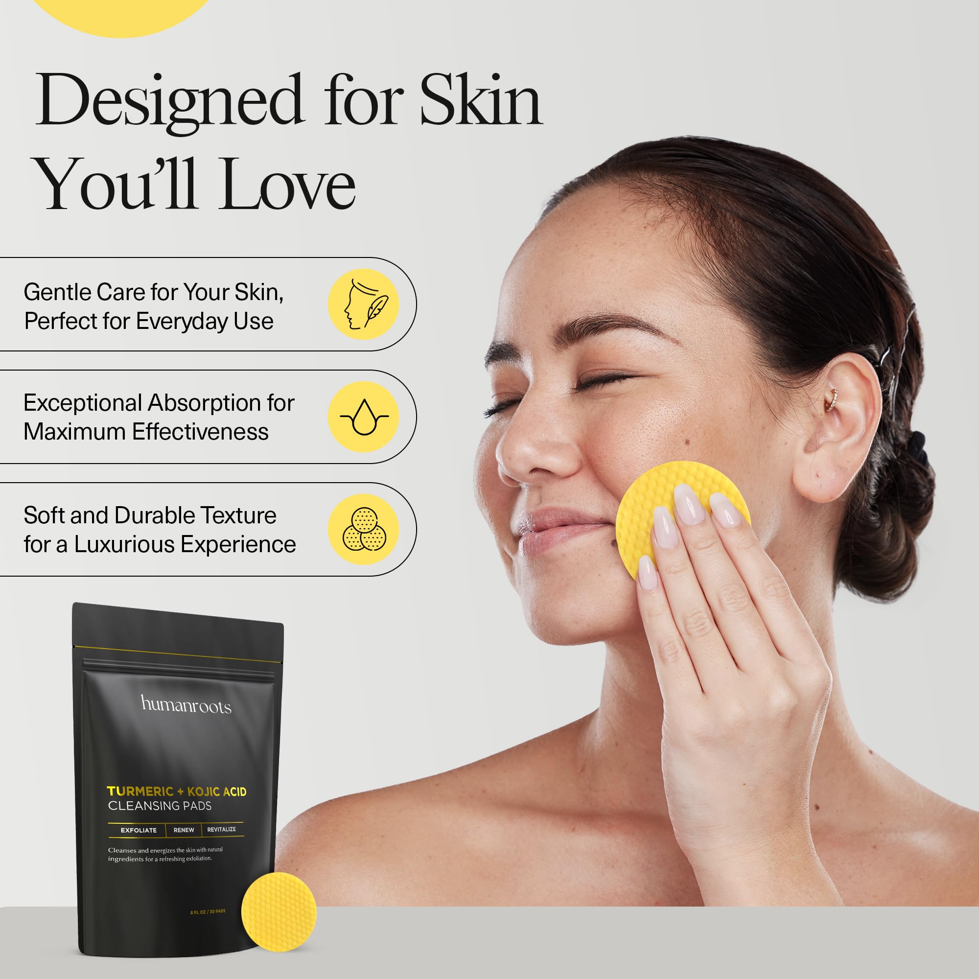 Humanroots cleansing pads in-use scene show gentle cleansing on face and neck