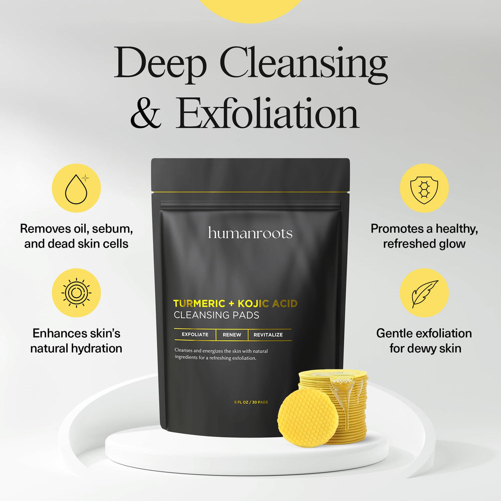 Humanroots turmeric kojic cleansing pads packaging showing value pack of 30 pads for quick refresh