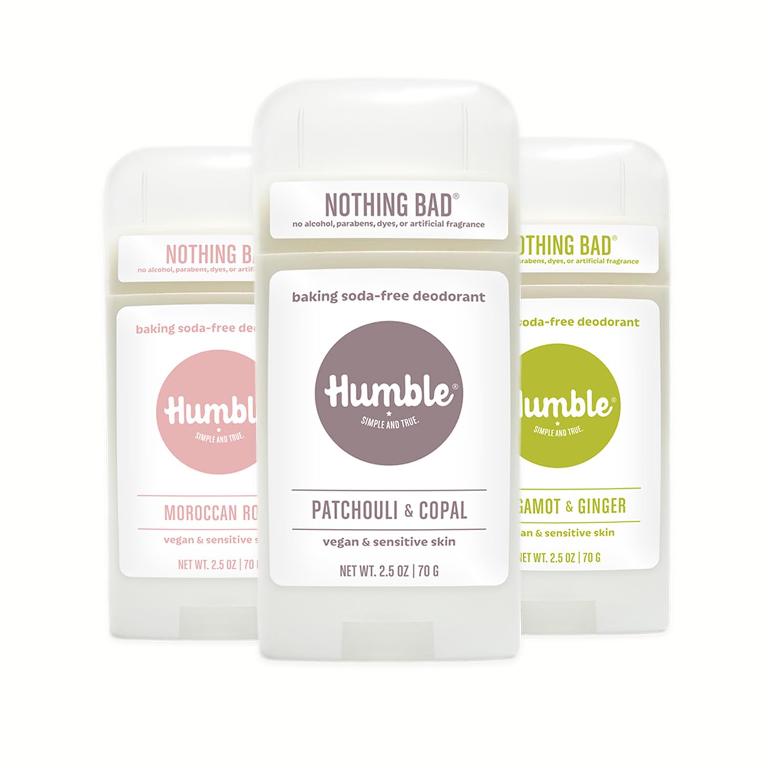 Humble Brands Patchouli Copal aluminum-free deodorant bottle with smooth glide for sensitive skin.
